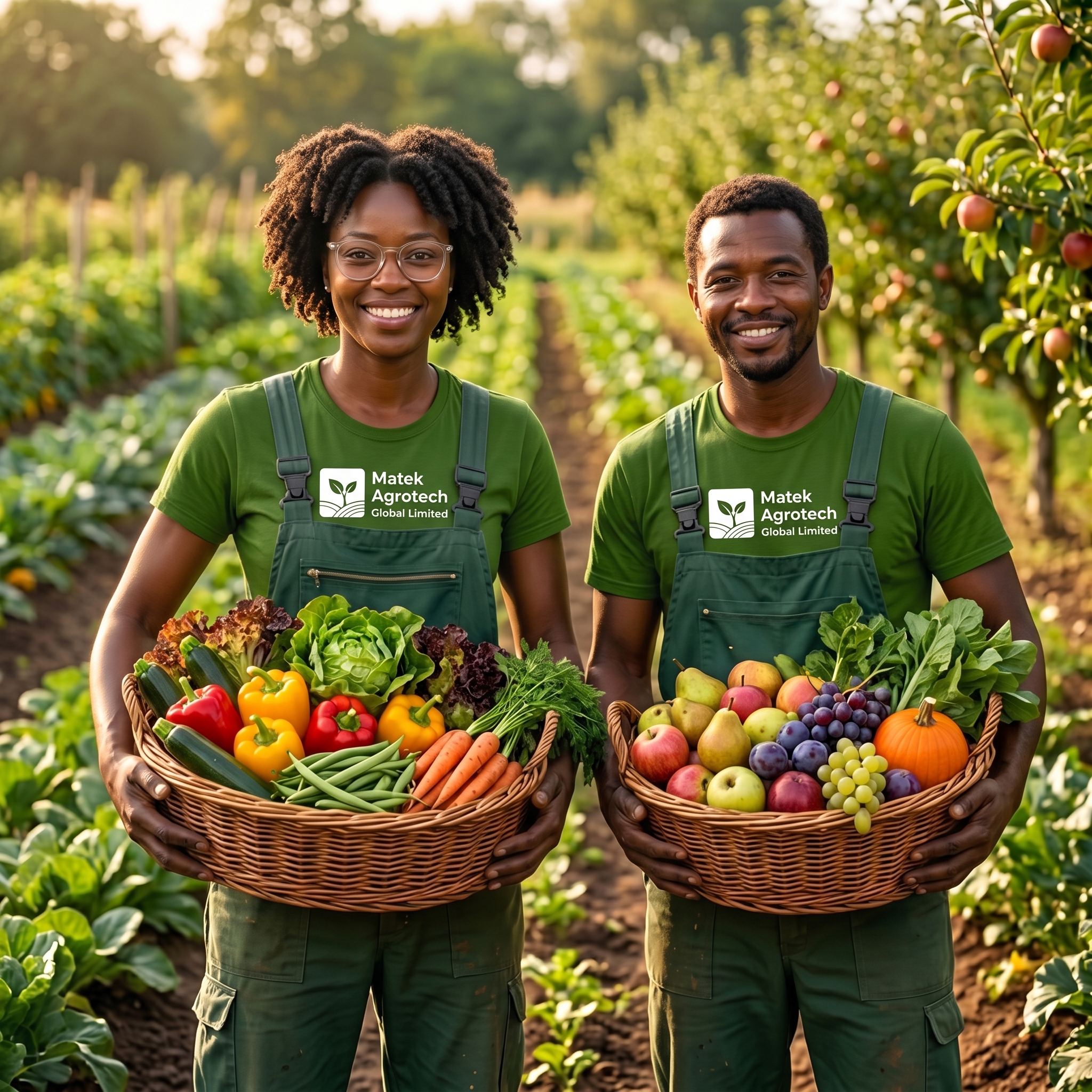 Two Matek Agrotech farmers holding baskets of fresh produce
