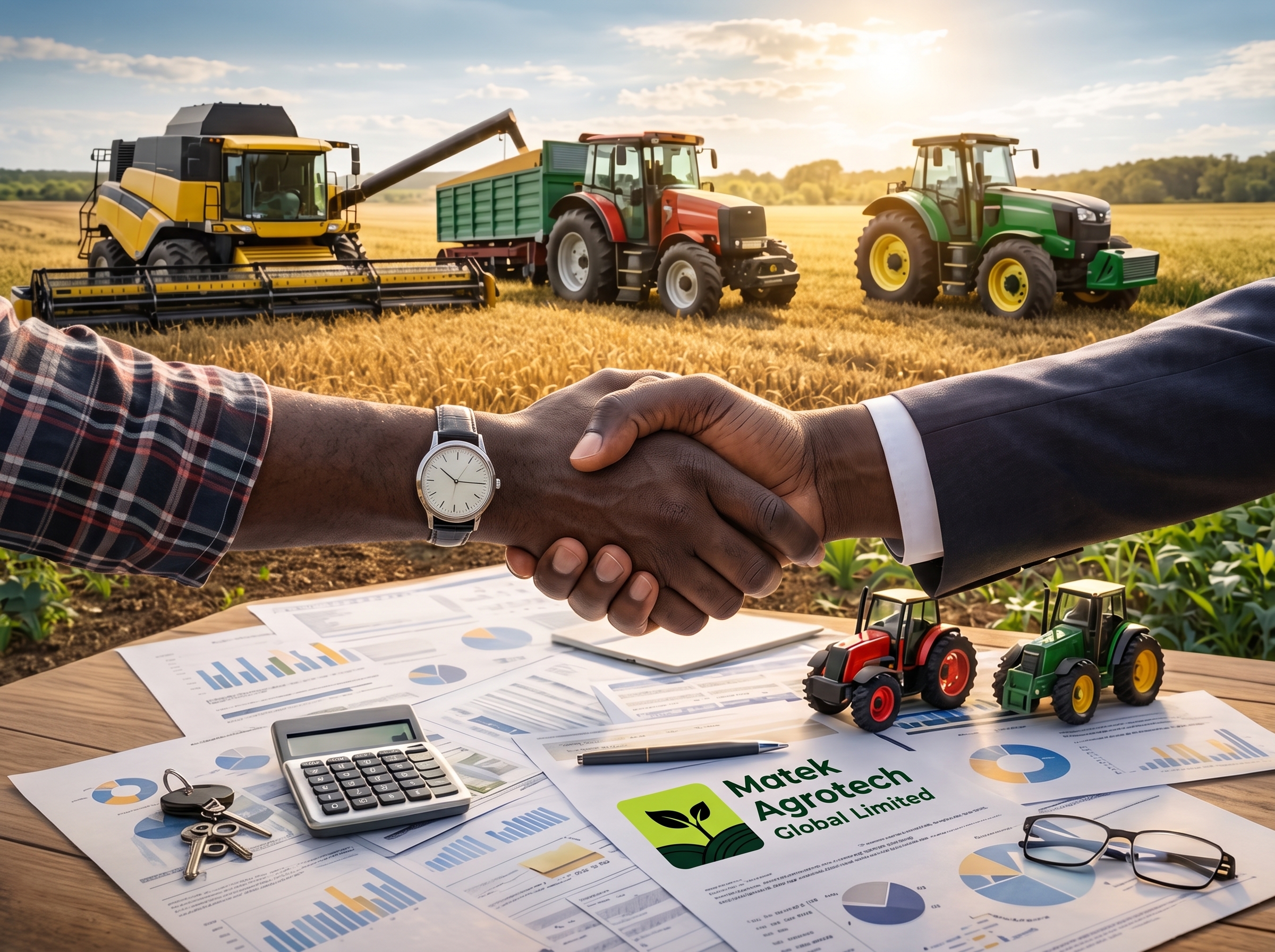 Handshake over farm documents with tractors and harvester in the field